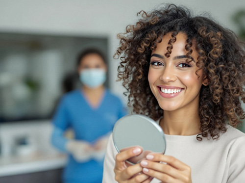 Smiling woman holding small mirror in treatment chair