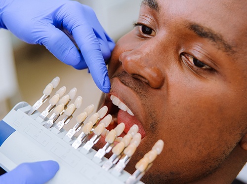 A dentist assessing a bearded man for a smile makeover