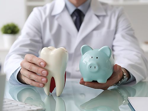 Dentist holding tooth model and piggy bank
