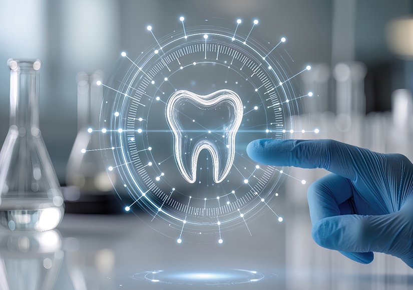 a finger pointing at a high-tech illustration of a tooth